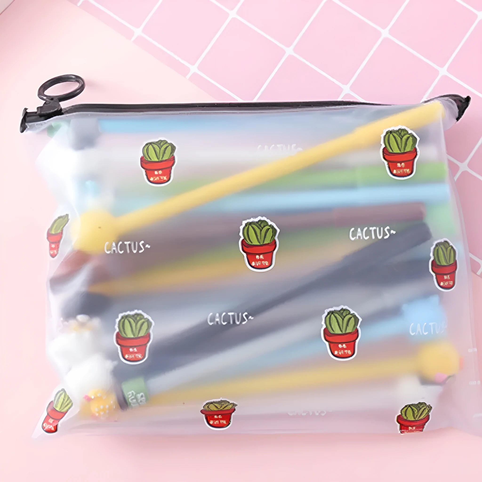 20 cartoon cactus design black gel pens inside a white plastic storage case.