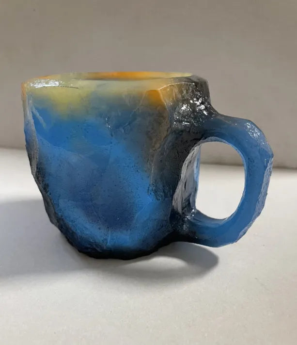 Clear resin coffee mug with crystal texture and handle in assorted colours