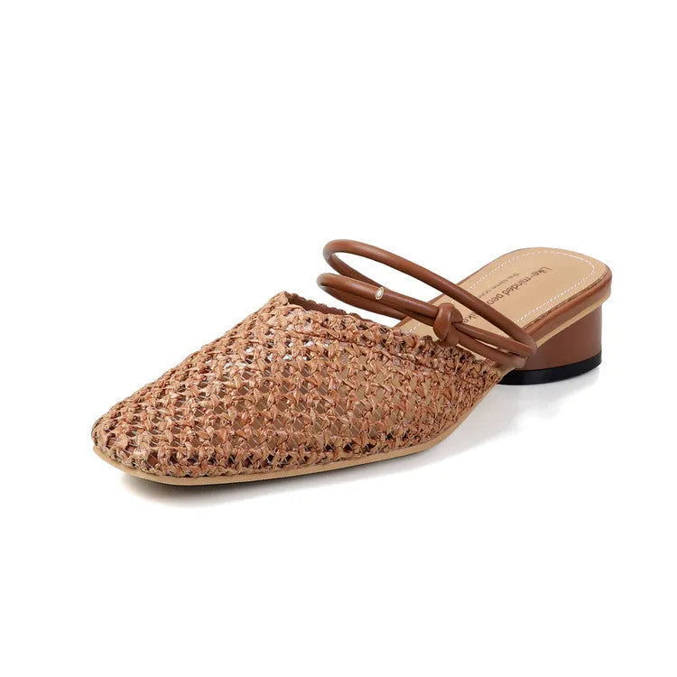 Women's French style square toe slippers with hollow-out design and chunky heel in black colour