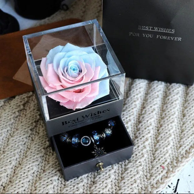 Preserved eternal rose and carnation gift box in glass display case for jewellery storage