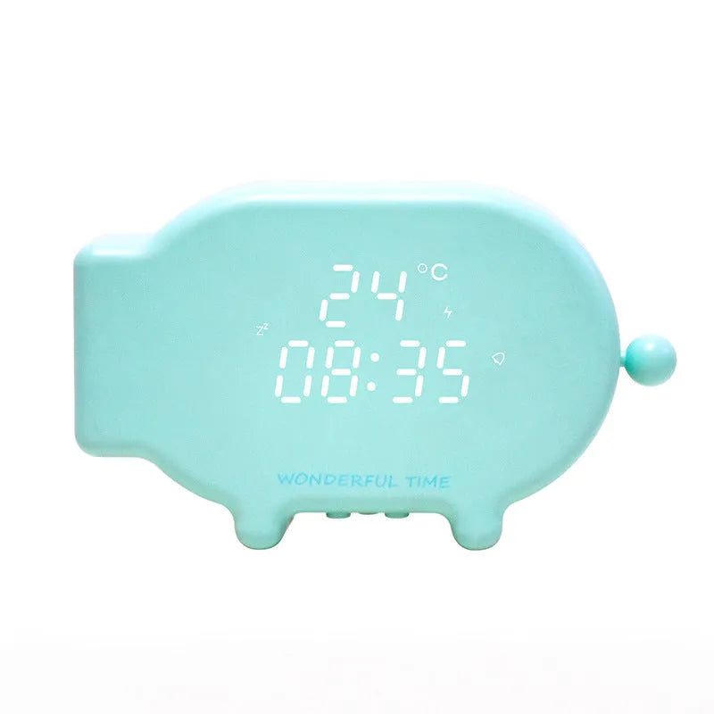 Blue digital LED alarm clock showing time and temperature on display with USB cable