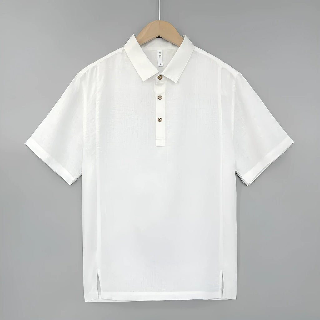 Men's loose fit linen summer top in grey green colour with short sleeves and thin lapels.