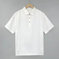 Men's loose fit linen summer top in grey green colour with short sleeves and thin lapels.