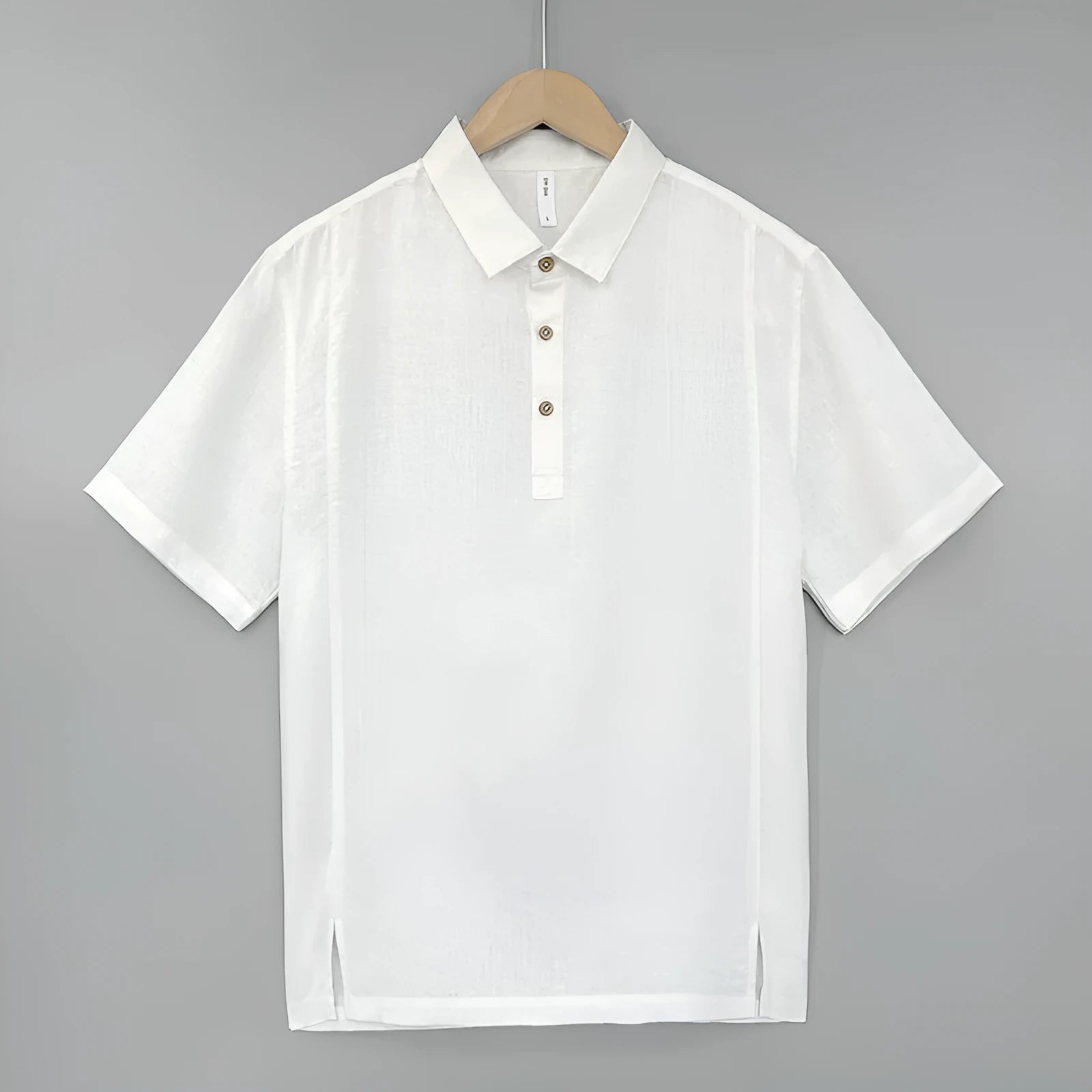 Men's loose fit linen summer top in grey green colour with short sleeves and thin lapels.