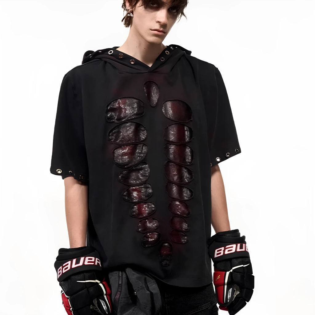 Black men's hooded short-sleeve T-shirt with sequin design, loose fit