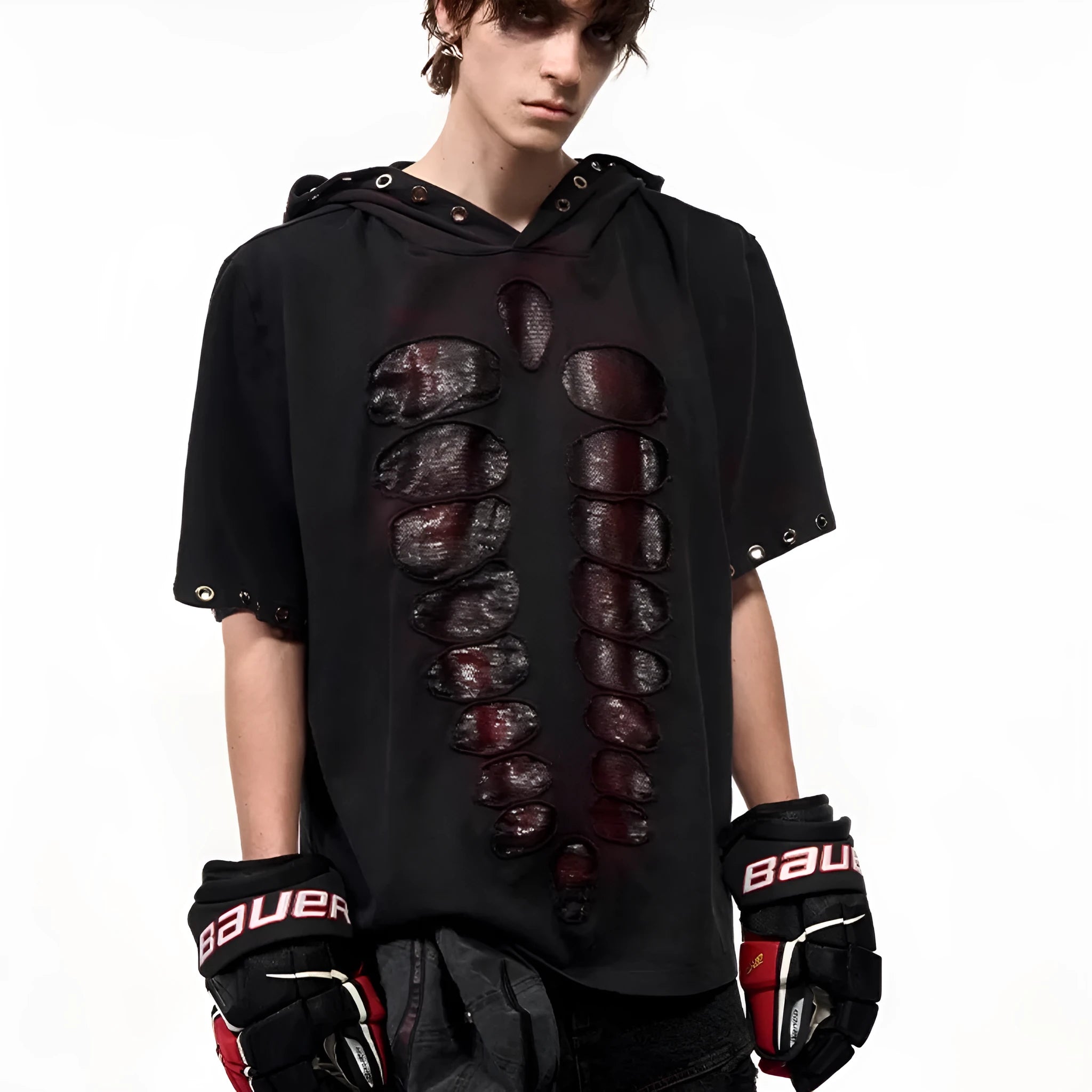 Black men's hooded short-sleeve T-shirt with sequin design, loose fit