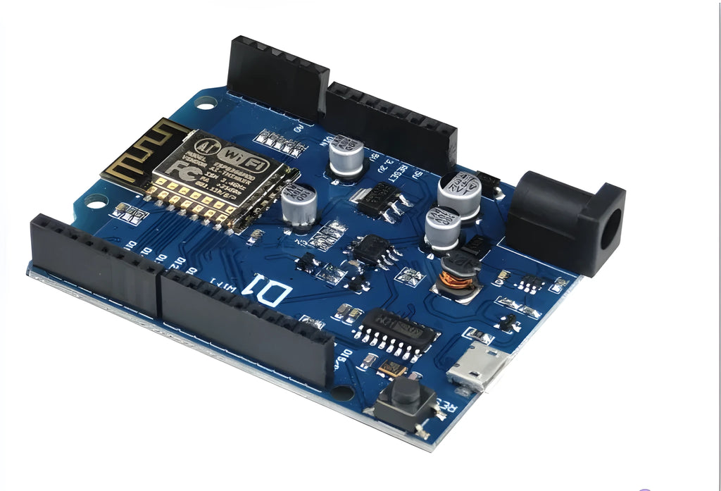 Black ESP8266 WiFi development board with pin headers and onboard power supply components