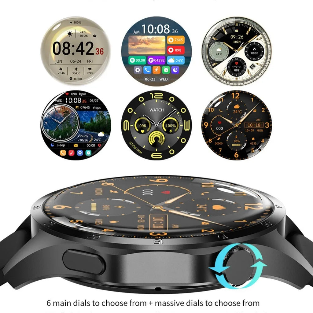 Black Bluetooth smartwatch with TFT touchscreen displaying health metrics and call functions