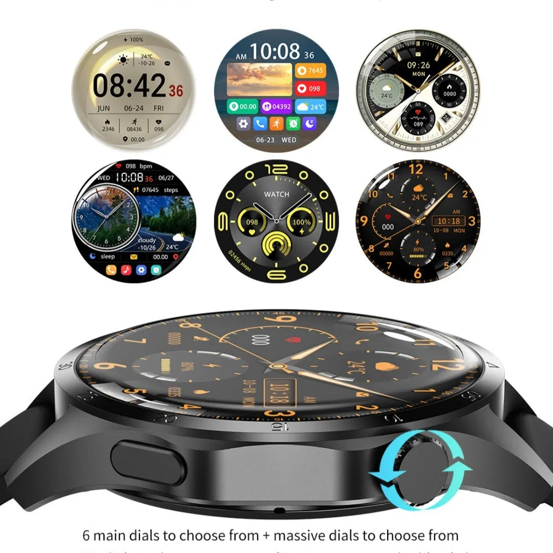 Black Bluetooth smartwatch with TFT touchscreen displaying health metrics and call functions