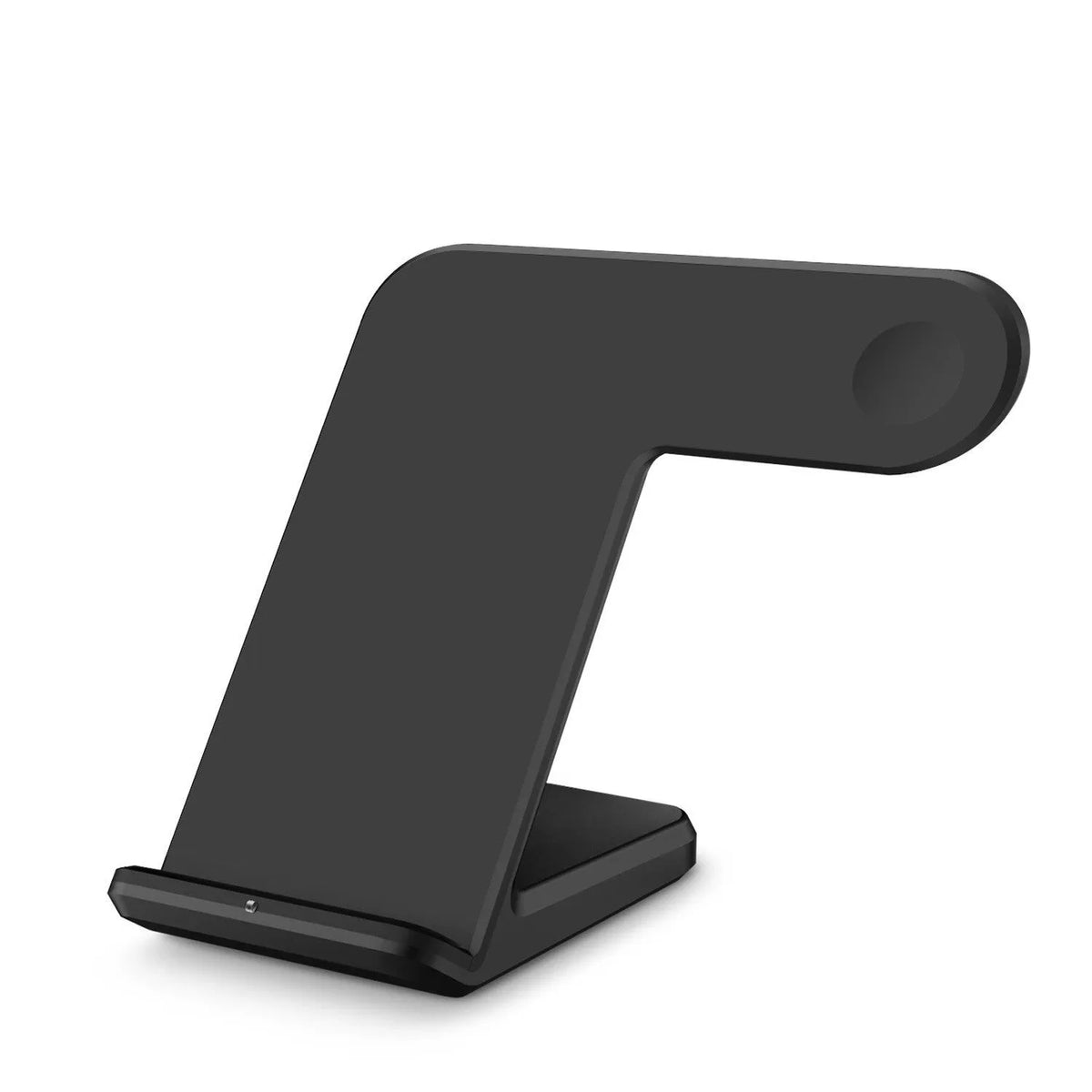 Black and white Qi wireless phone charger with Type-C cable on a desk