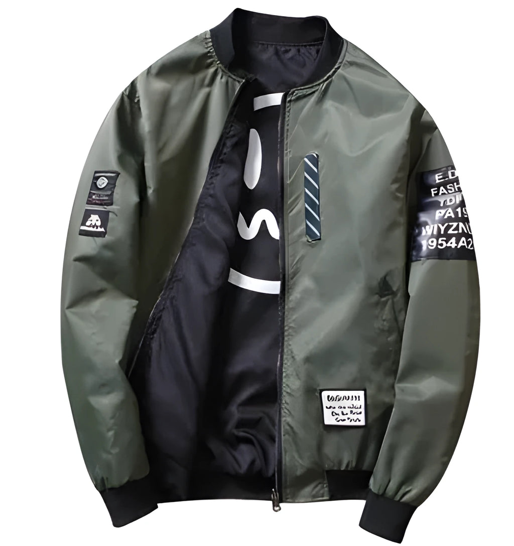 Reversible men's flight jacket showing striped pattern on one side, thin fit for autumn and winter casual wear