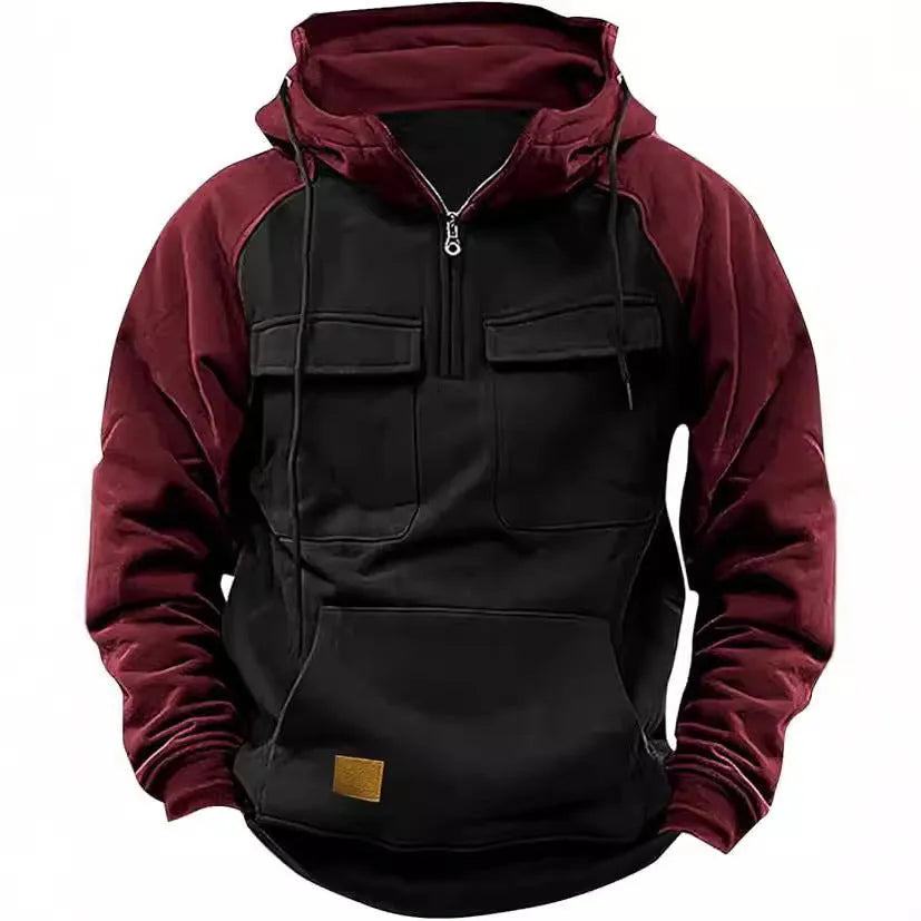 Men's retro cargo hoodie half zip fleece sweatshirt with multi pockets in solid colour