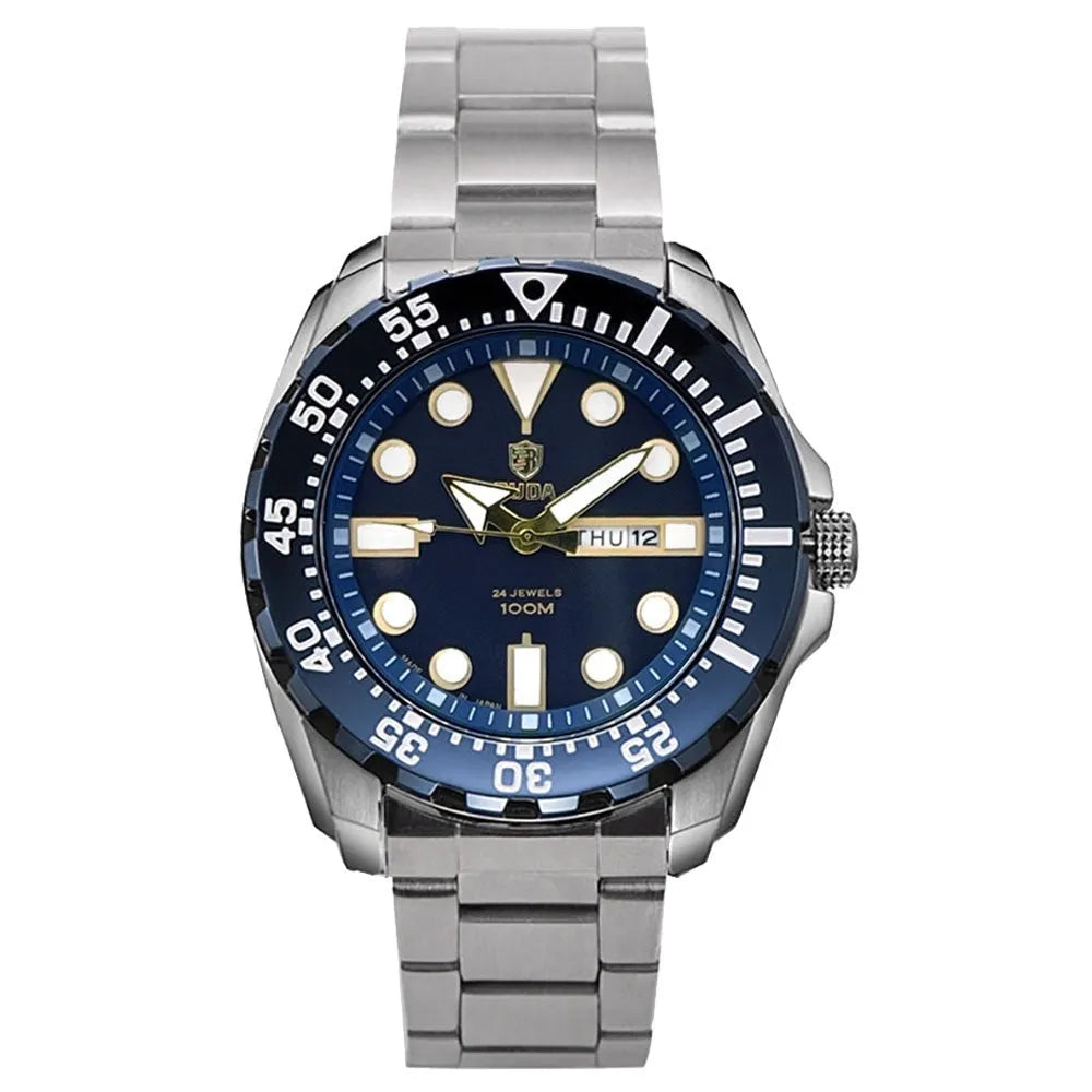 Men's waterproof luminous watch with blue dial on a steel bracelet.