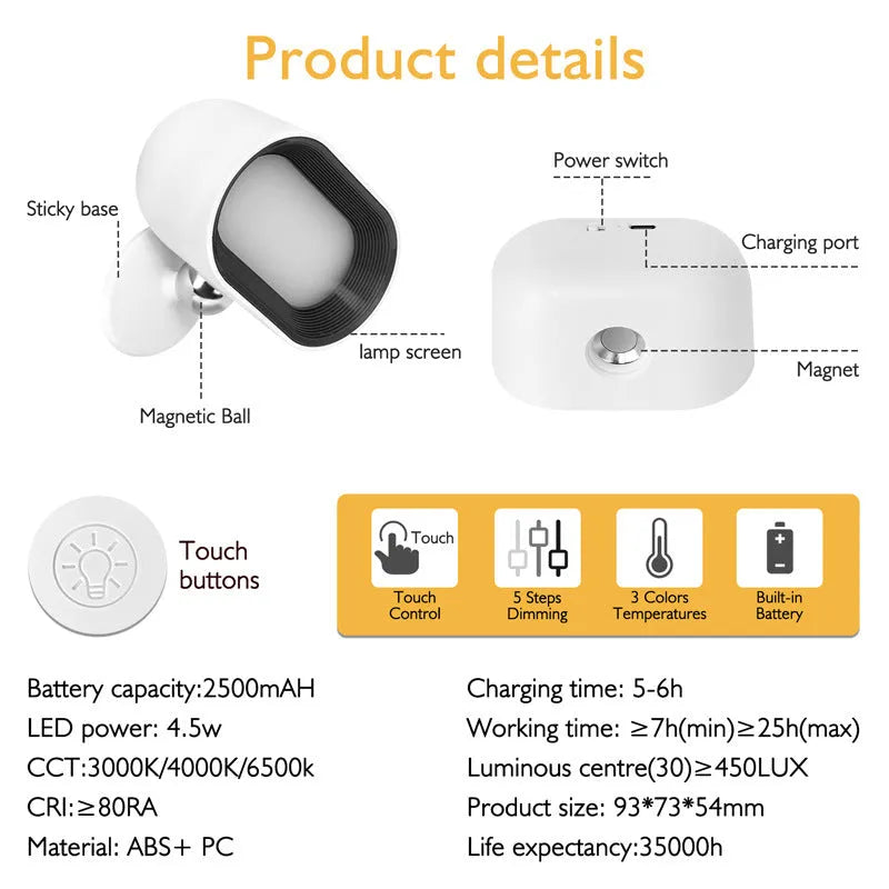 White remote touch magnetic wall lamp with oval light on adhesive mount, showing remote control.