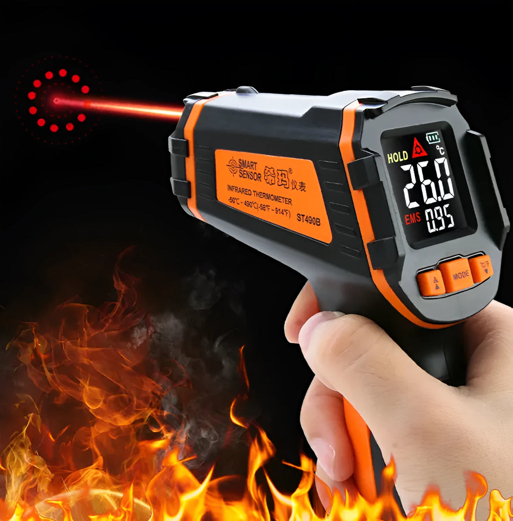 ST390A handheld infrared thermometer for measuring surface temperature.