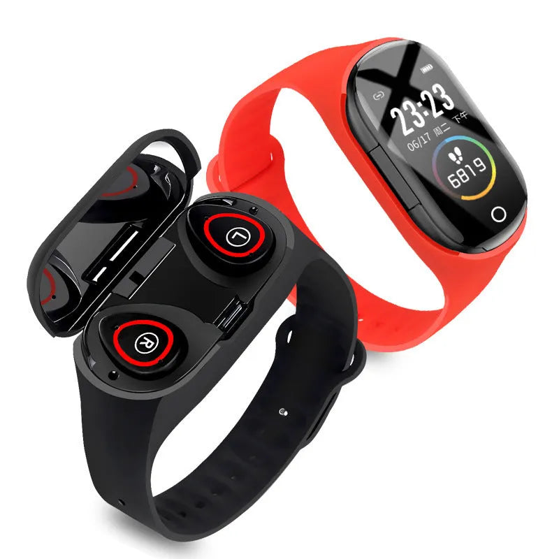 Smart bracelet earphone combo in silicone wristband with 1-inch screen, shown in black, blue, and red.