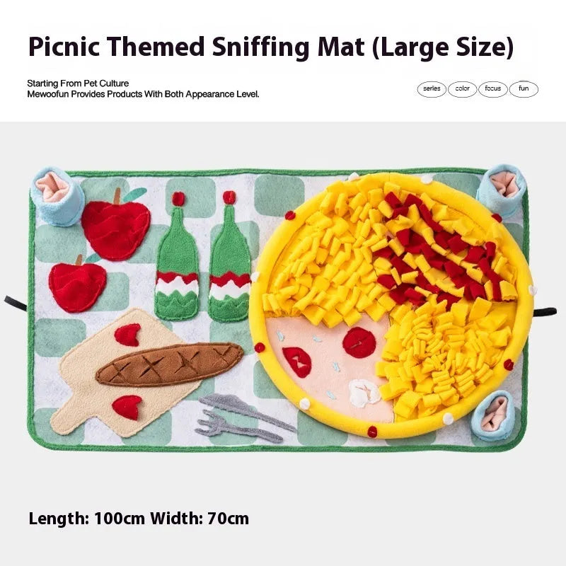 Garden Camping themed fabric dog sniffing mat for hiding treats as a puzzle activity.
