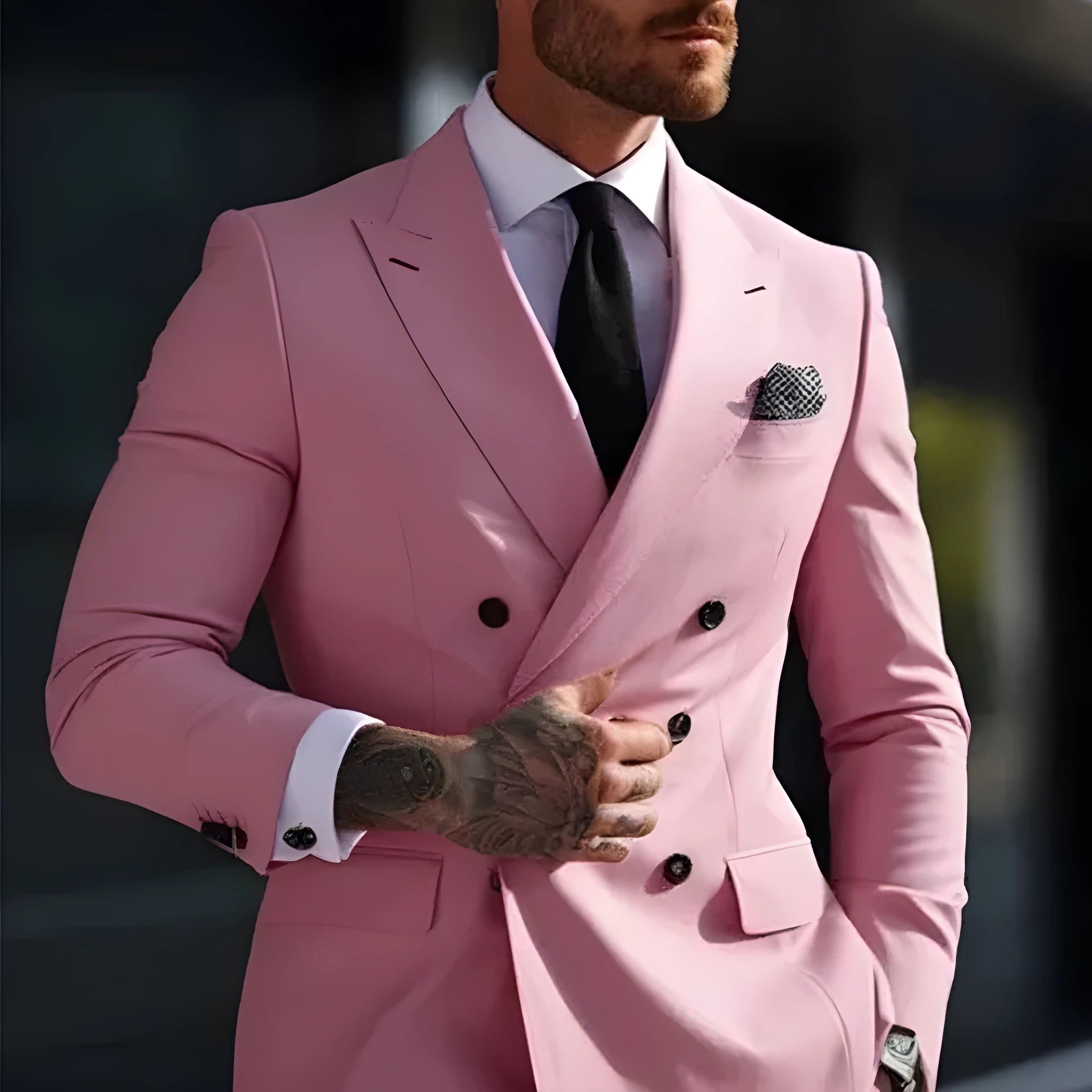Man modelling a slim fit grey two-piece Korean style business suit.
