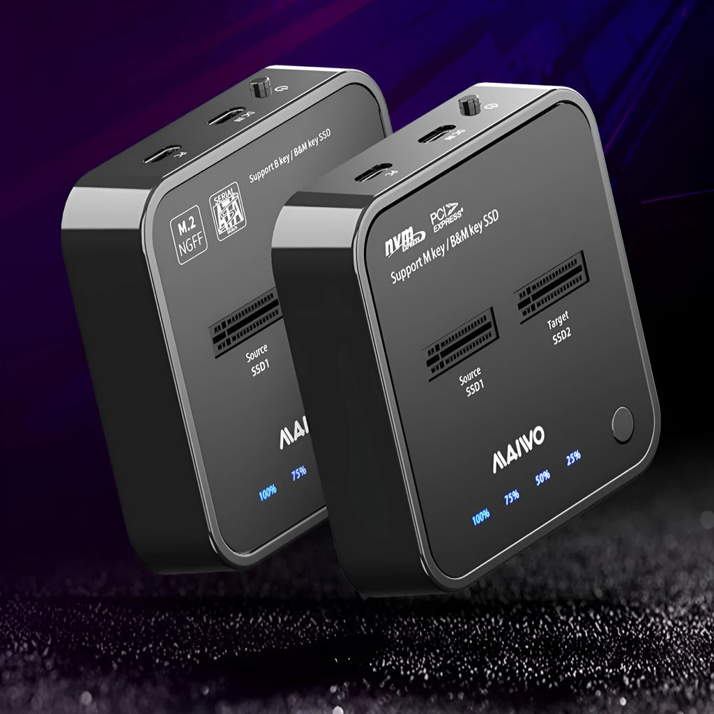 MAIWO K3016 M.2 SSD duplicator dock with USB-C cables and power adapter