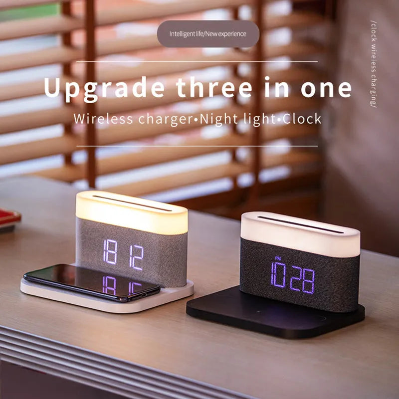 Black wireless charging bedside lamp with digital clock display and thermal cup functionality