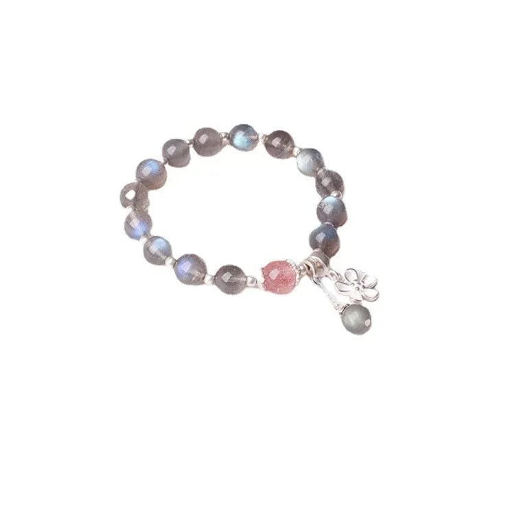 Women's 925 sterling silver zodiac bracelet with grey moonstone beads and honeysuckle charm