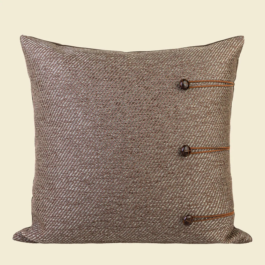 Square Chinese ancient style decorative pillow cushion on a sofa, showing Maillard colour options of brown, red brown, and yellow brown.