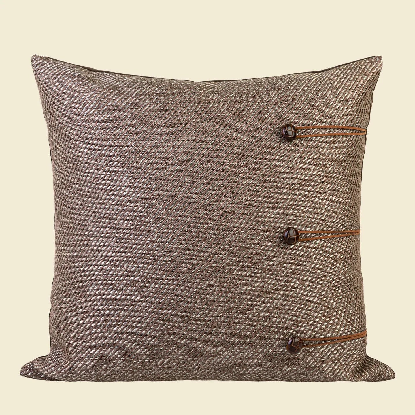 Square Chinese ancient style decorative pillow cushion on a sofa, showing Maillard colour options of brown, red brown, and yellow brown.