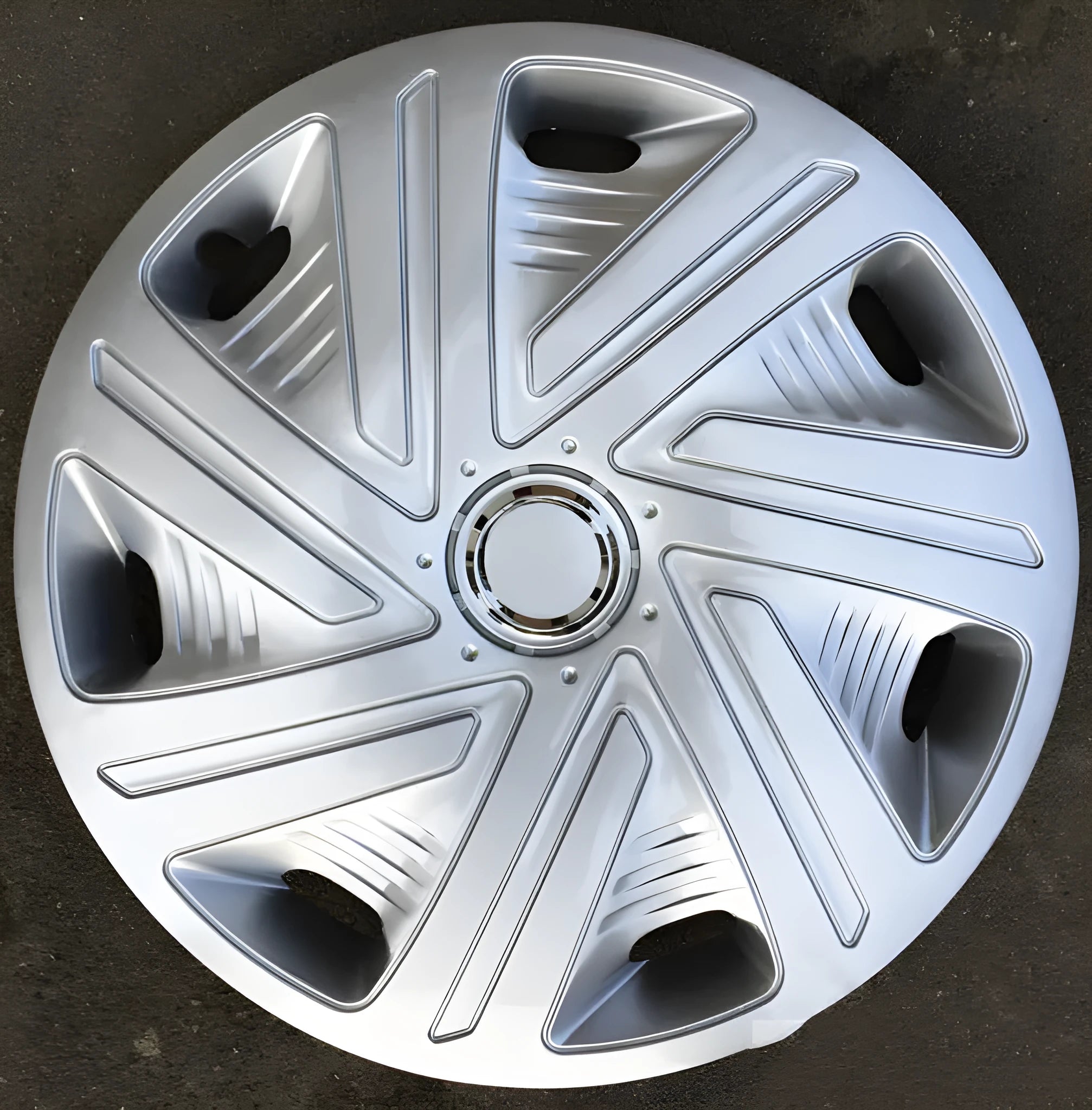 Universal car wheel hub cover in ABS plastic showing black, silver, and electroplated finish options.