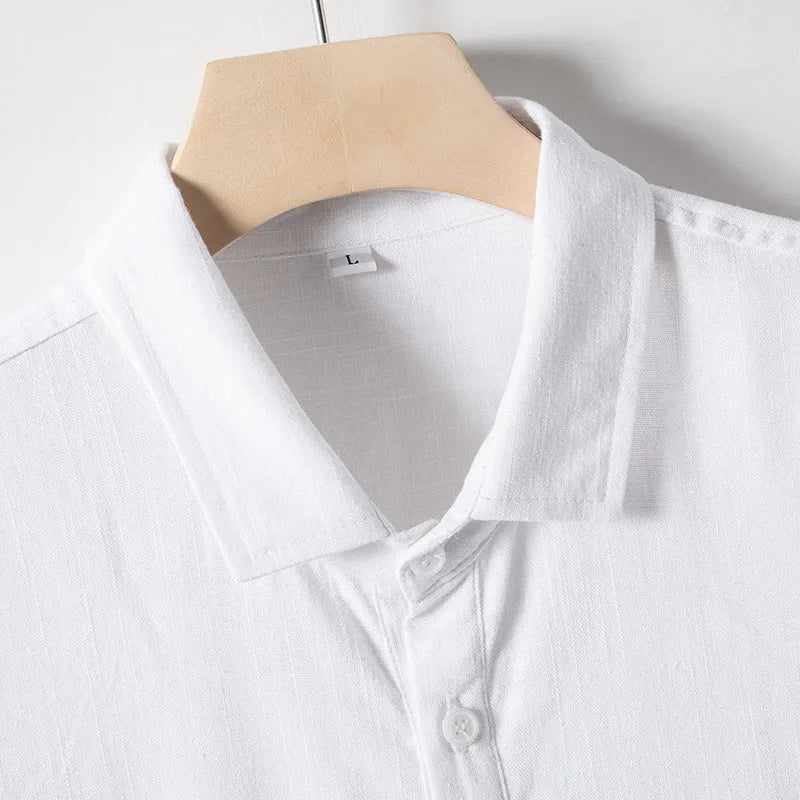 Men's linen blend short sleeve t-shirt with loose lapels in solid colours
