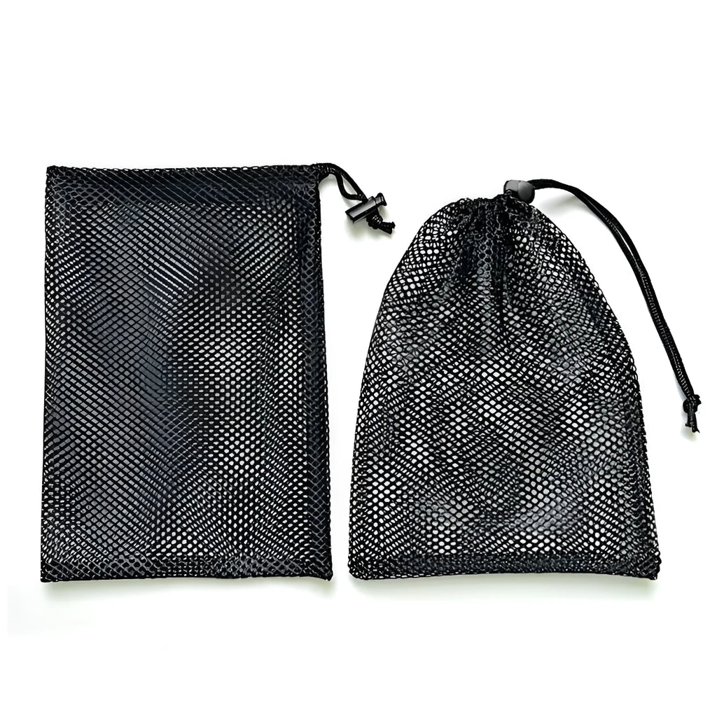 Black drawstring mesh storage bag for children's water ball toys and outdoor play equipment.