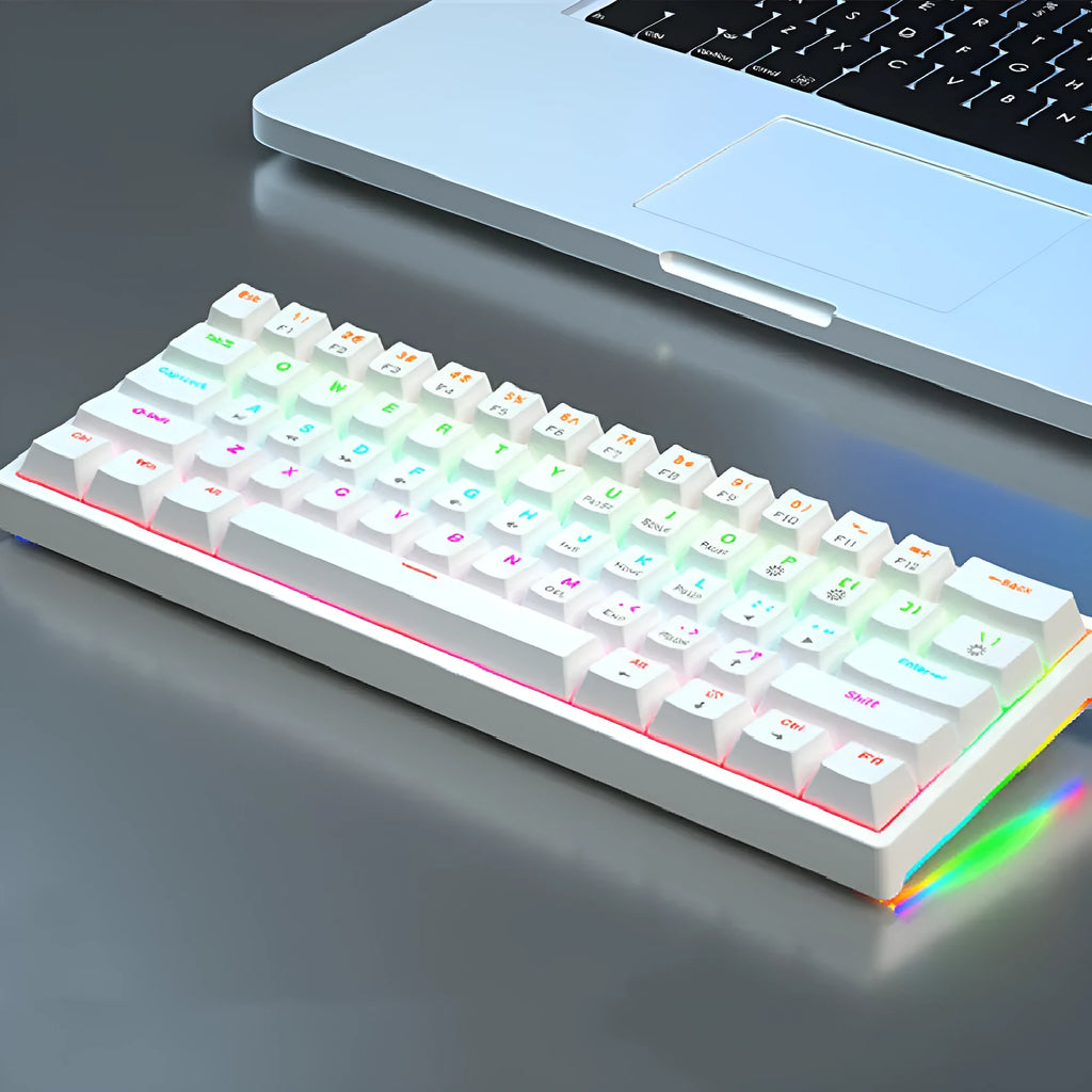 Bluish black 61-key mechanical keyboard with hot-swappable switches on desk