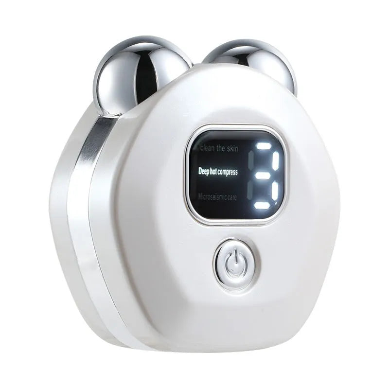 Portable hot compress charging facial massage instrument with double rollers in light blue colour
