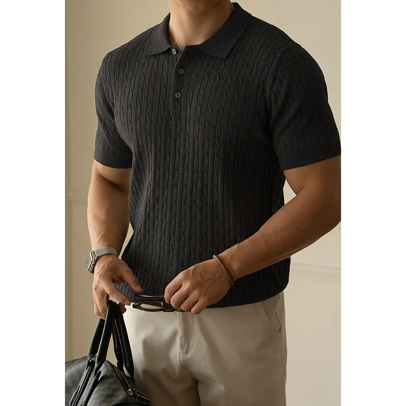 Men's khaki short-sleeve business top on a hanger.