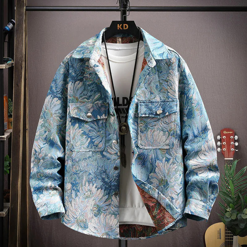 Men's casual lapel shirt coat jacket in polyester fabric with straight hem design.