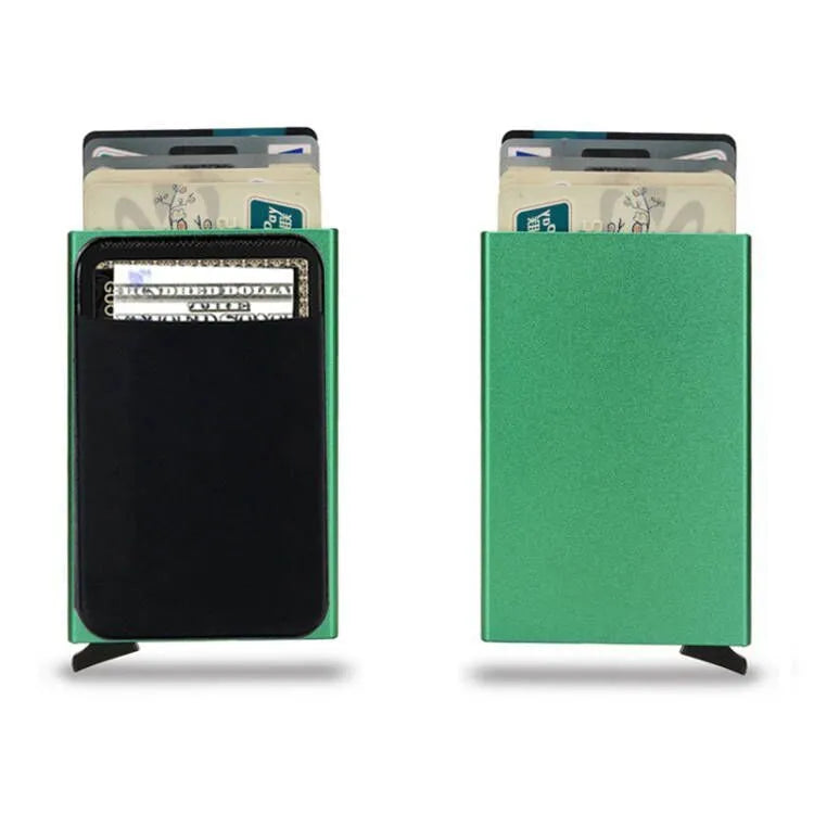 Frosted aluminium metal credit card holder in multiple colours showing slim profile