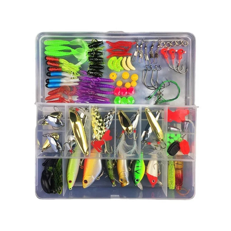 Junior entry-level fishing lure suit set in a black polypropylene storage box with multiple soft plastic baits