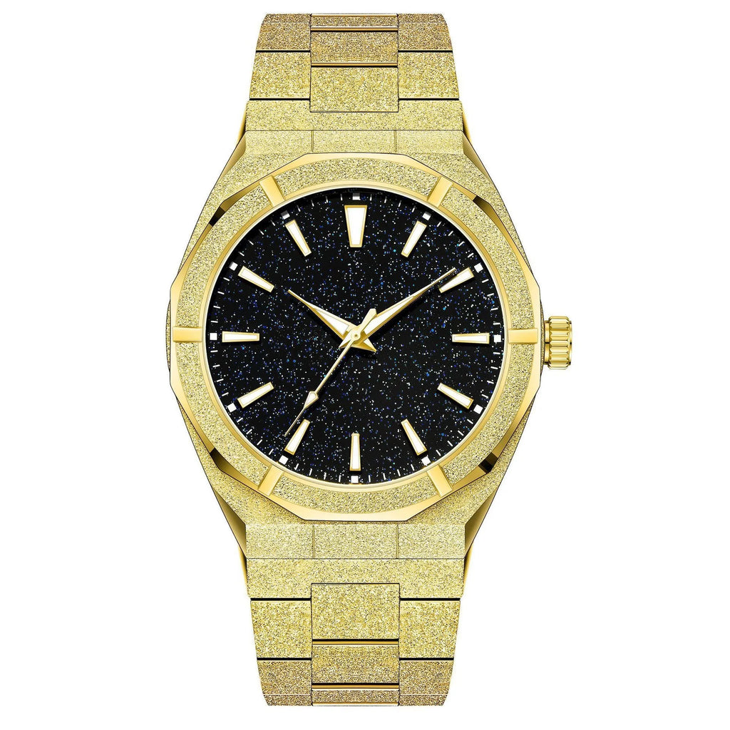 Men's stainless steel business watch with frosted case and luminous markers in black, gold, and silver colour options.