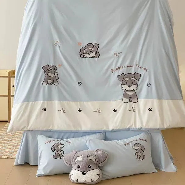 Schnauzer cartoon embroidered cotton bedding set with quilt cover, sheet, and pillowcases on bed