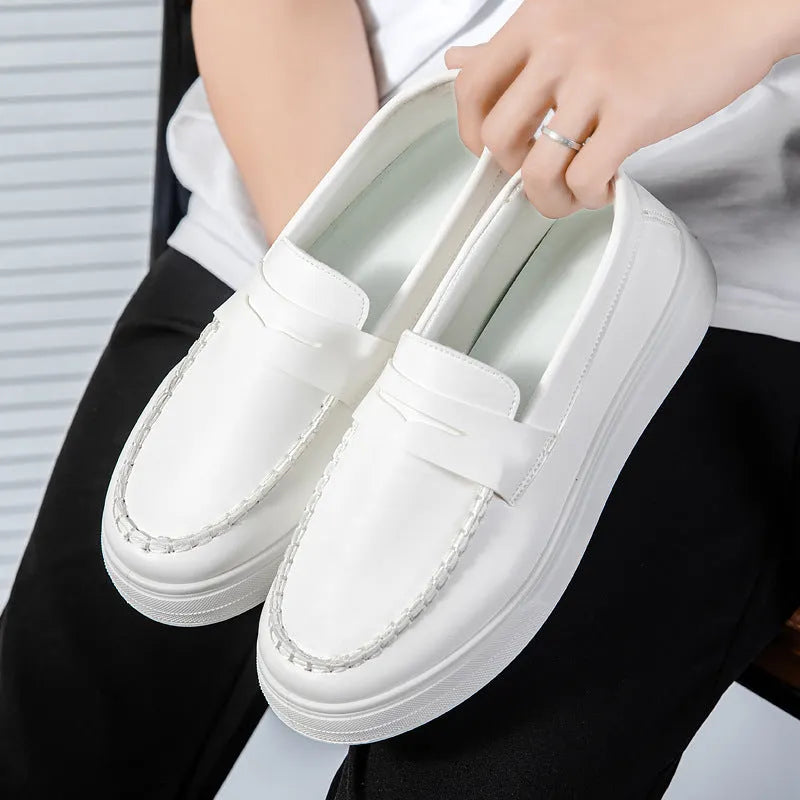 Men's casual PU leather slip-on loafer in British style with round toe, shown in khaki colour.