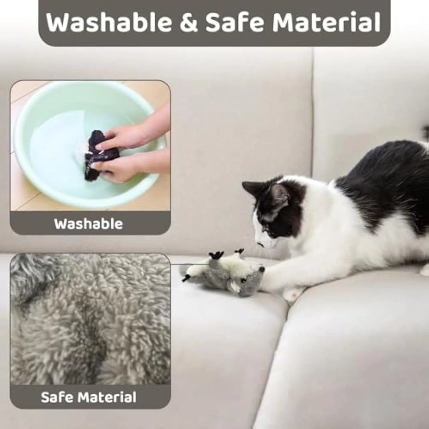 Grey flapping squirrel cat toy with waving wings and USB charging port