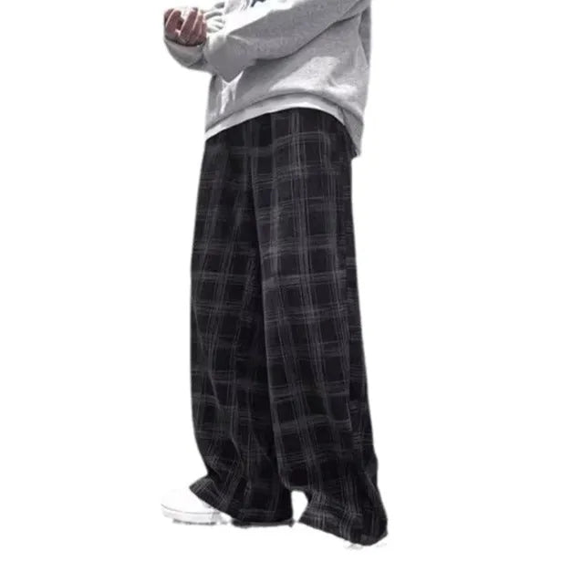 Japanese retro loose plaid pants in straight leg cut, available in black and green colour options