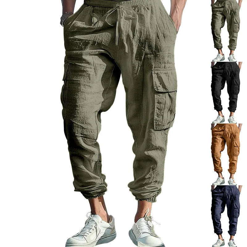 Men's linen casual trousers with ankle-tied cuffs and multiple pockets in solid colours