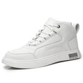 Men's white mid-top casual board shoes with lace-up front and round toe on a rubber sole.