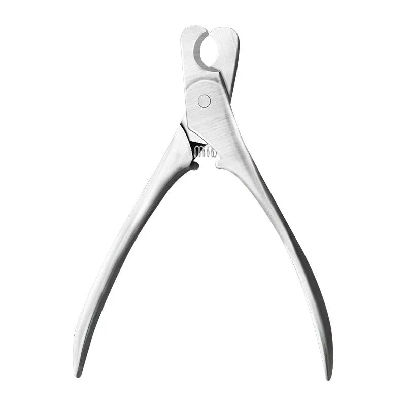 Silver professional pet nail clipper with curved stainless steel blade and finger guard for dog and cat grooming.