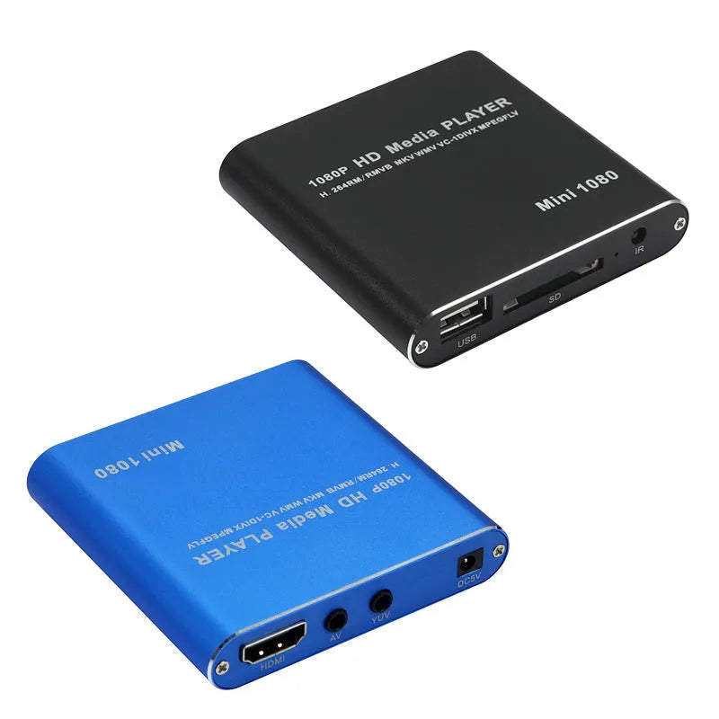 Blue and black 1080P HDMI media player for SD cards and USB drives
