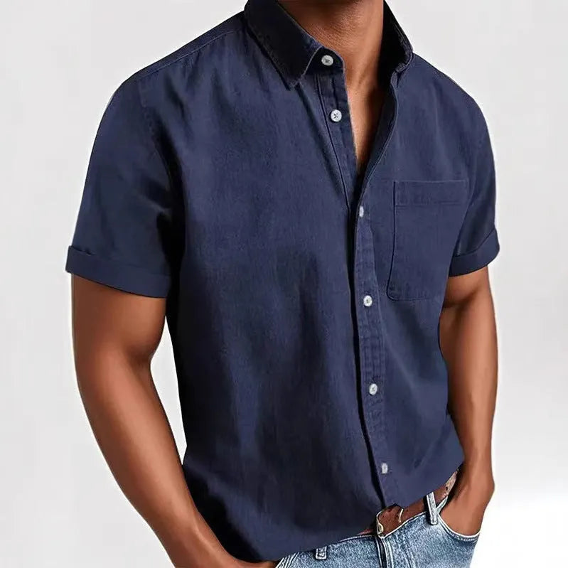 Men's loose fit short sleeve casual shirt in a cardigan style, shown in multiple colours.