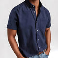Men's loose fit short sleeve casual shirt in a cardigan style, shown in multiple colours.