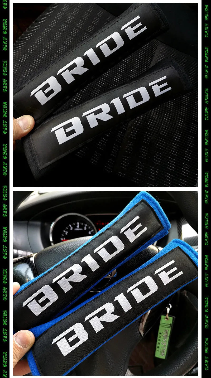 Car seat belt shoulder pads in black, blue, and red colours showing cotton sponge cloth with embroidery weaving