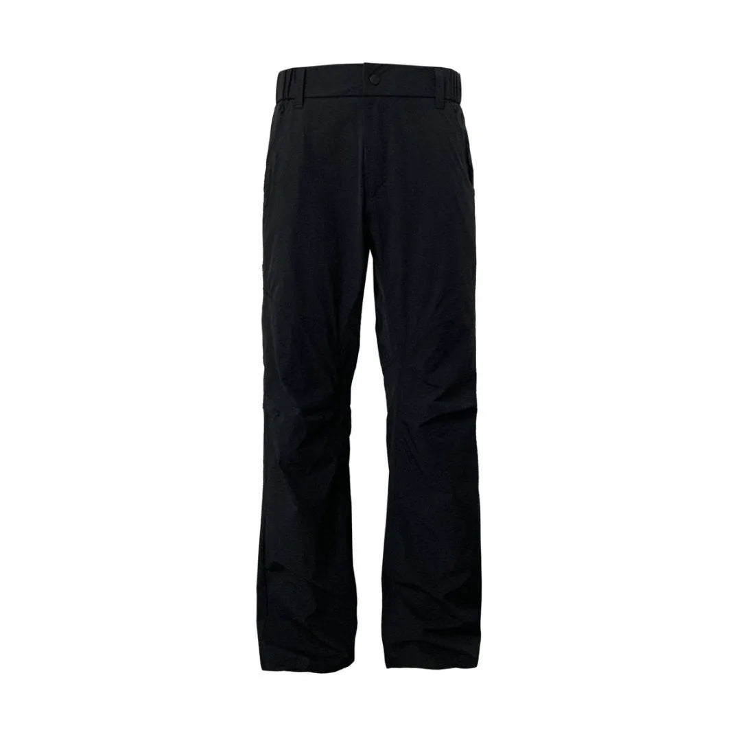 Men's straight-leg casual trousers in a neutral colour on a hanger, showing the mid-waist and elasticated waistband detail.