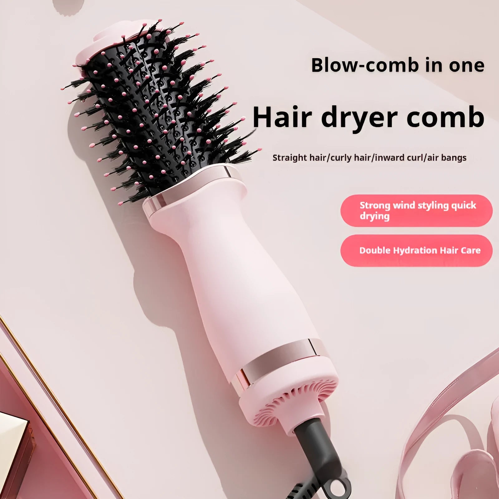 Pink multifunctional hair dryer with comb attachment and curling function, YZM-8015 model